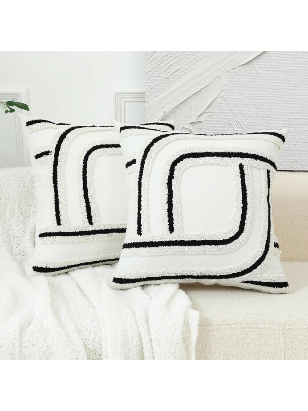 Stylish Black & White Embroidered Pillow Covers - 20x20 Decorative Set of 2